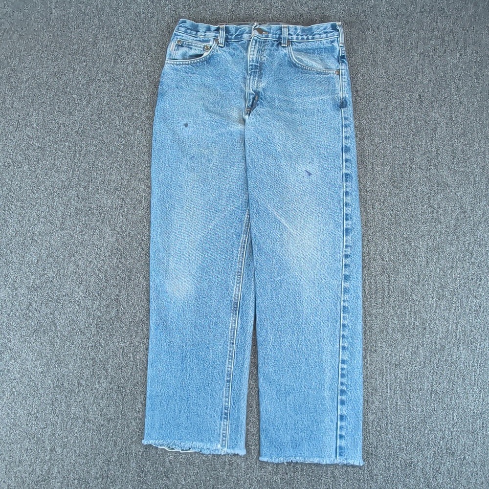 Carhartt Mens Relaxed Fit Jeans 34x28 Cotton Blue Denim B17 DST Workwear Raw Hem — photo 2